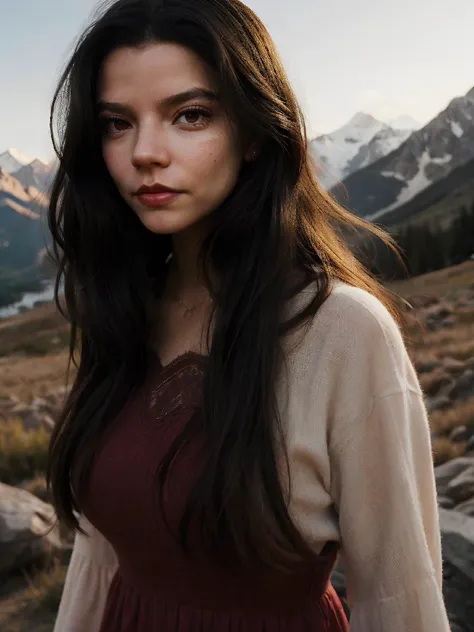 a close up of a woman in a dress standing in a field