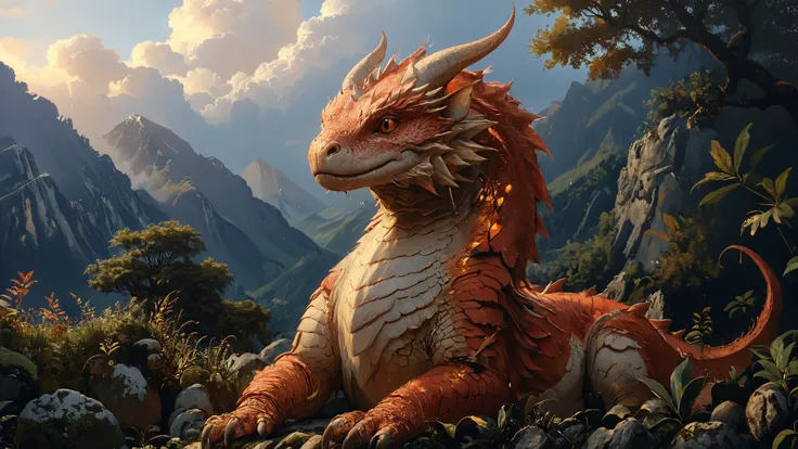 there is a dragon sitting on a rock in the mountains