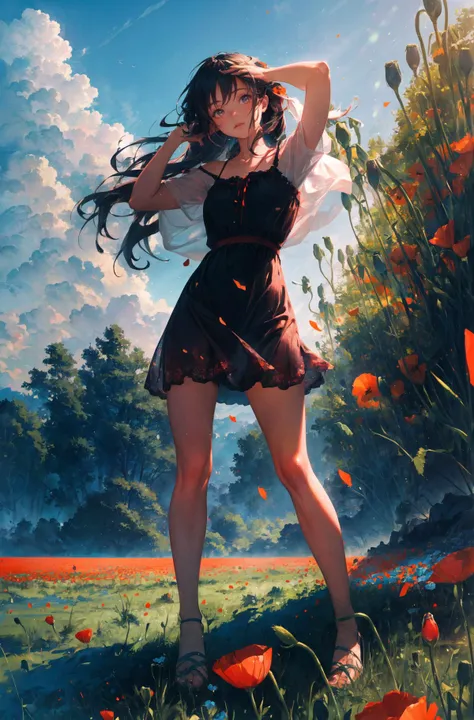 a girl in sundress in a field of poppy, (highres, highly detailed:1.2), cinematic lighting, vibrant colors, <lora:epi_noiseoffset2:0.25>, <lora:more_details:0.25>