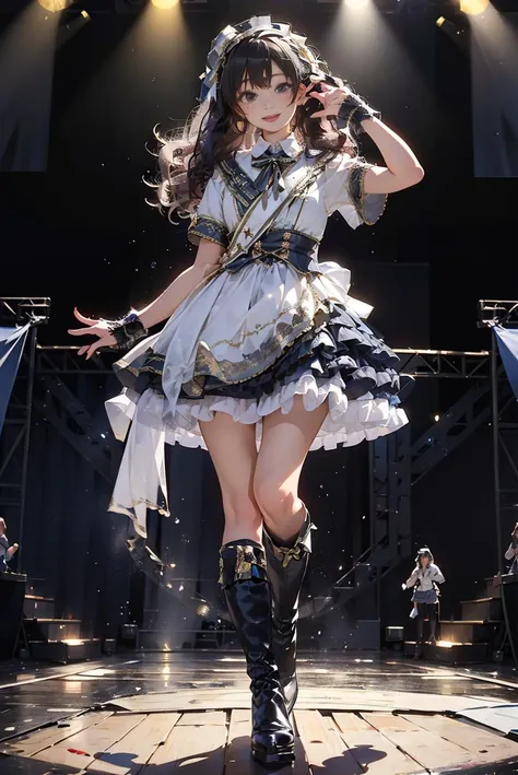 a close up of a woman in a dress and boots on a stage