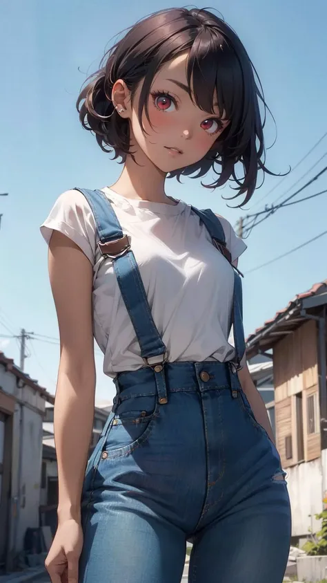 masterpiece, best quality, highly detailed,1girl,tan skin, faux hawk hair, burgundy hair, red eyes,denim overalls or jumpsuits