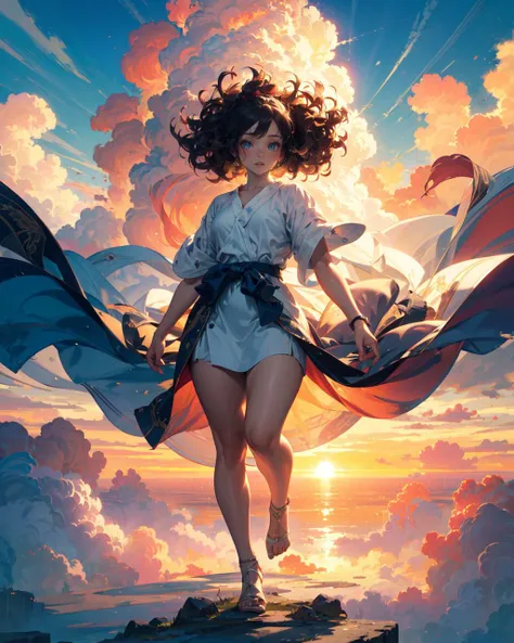 Beautiful girl, full body, sun-bathing on floating cloud, luminescent sun, enticing eyes, curly hair, dreamy, thick clouds in the background,, (highres, highly detailed:1.2), (aesthetic, masterpiece), (cinematic, hyper realistic), <lora:epi_noiseoffset2:0....