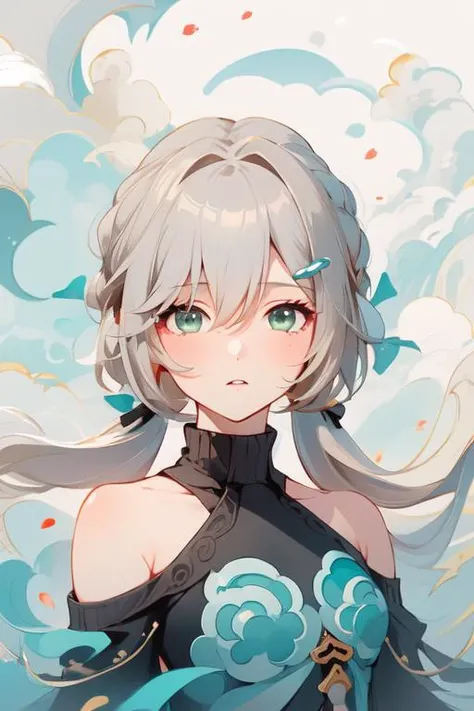 1girl, woman focus, (qingque, bare shoulders, low twintails), upper body, portrait, <lora:qingque-str-v2cr:1>, Flat and Zen Chinese Illustration style, (blue cloud and flow air:1), randomly distributed clouds, river, falling petals, (melt), (silver and whi...