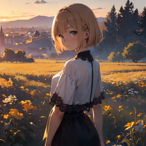 (masterpiece entire style, best quality, dusk:1.3), a cute spanish girl, , brown, slender, worried, medium blonde choppy bob,  flower field background, Intricate, trending on Behance, nsfw
Most of the body,looking into the distance