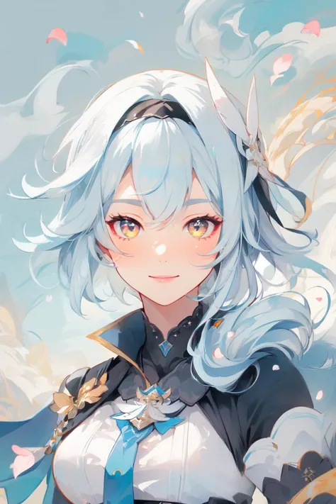 1girl, woman focus, (euladef, smile, light blue hair, yellow eyes, hairband, hair ornament), <lora:genshinfull1-000006:1>, beautiful face, portrait, Flat and Zen Chinese Illustration style, (blue cyan cloud and flow air:1), randomly distributed clouds, riv...