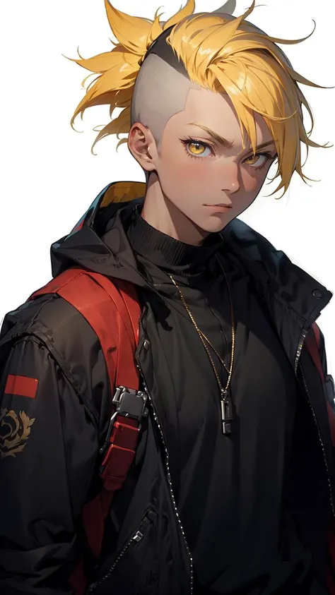 masterpiece, best quality, highly detailed,1boy,mohawk, yellow hair, silver eyes,