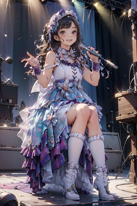 masterpiece, best quality, idol_costume, white knee boots, 1girl, solo, smile, idol, full body, looking at viewer, long black hair, sitting on stage, stage lighting, stage spotlight, detailed background, holding microphone, audience, <lora:idol_costume_sty...