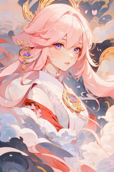 1girl, woman focus, (yaemikodef, pink hair, purple eyes, very long hair, hair ornaments), <lora:genshinfull1-000006:1>, beautiful face, portrait, Flat and Zen Chinese Illustration style, (pink cloud and flow air:1), randomly distributed clouds, river, fall...