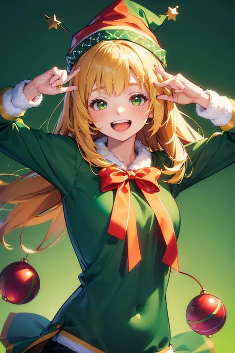 ((upper body of dynamic pose of a girl, happy and laughing expression )) ((Pure green background:1.2)),A whimsical girl in festive attire,complete with a Christmas tree hat and holiday decorations. Her saluting pose and worried expression add a touch of pl...