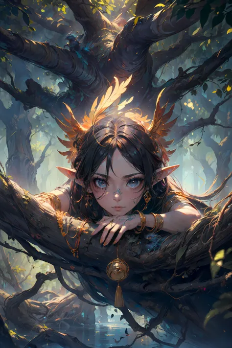 a girl with a sword in a tree with leaves