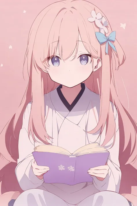 anime girl with long pink hair reading a book