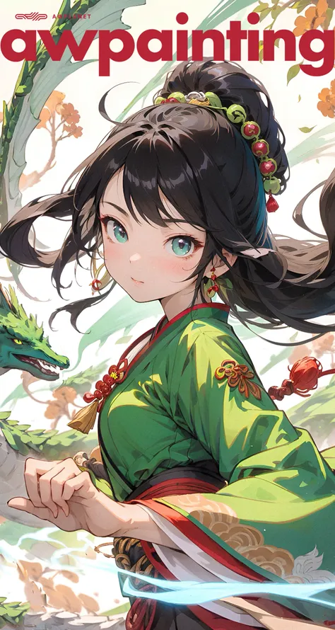 a woman in a green kimono dress holding a sword