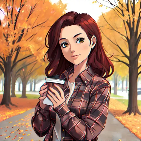 cozy autumn, woman wearing plaid flannel shirt || masterpiece, perfect quality, sharp focus, shallow depth of field, 8k