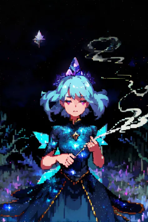 <lora:pixel:0.8> fairy woman, wearing Celestial-themed dresses with starry patterns, (crystal, smoke, forest palette), masterpiece, 8k, high resolution, shallow depth of field, sharp focus