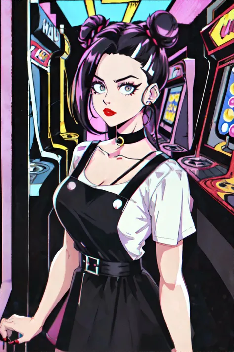 woman with  1990s style two twisted hair buns with tiny hairclips,, wearing 90s fashion: black cotton sheath button-front pinafore sundress layered over a white short sleeve t-shirt, combat boots, choker necklace, dark lipstick, 90s video game arcade, skee...