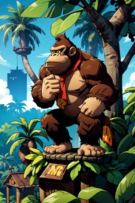 a cartoon gorilla standing on a tree with a sign in front of it