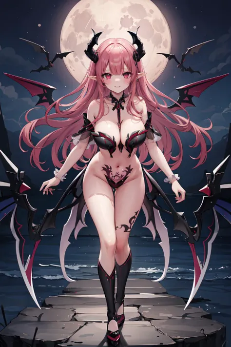 best quality, highres, (masterpiece), 1girl,
solo, standing, full body, thigh gap, evil smile,
night sky, full moon,
succubus, wings, horns, fang,
revealing clothes, navel, collarbone, pointy ears,
(bridgeless bra, strapless), black theme, cleavage, large ...