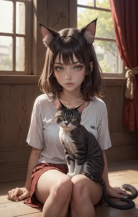 a close up of a person sitting on a floor with a cat