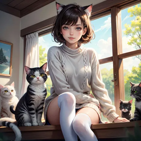 anime girl sitting on a window sill with cats in the background