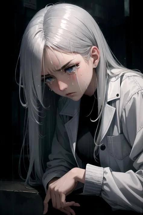 anime girl with white hair and blue eyes leaning on a window ledge