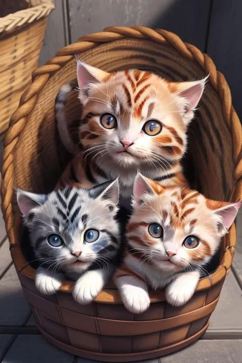 three kittens in a basket with blue eyes sitting on a tile floor