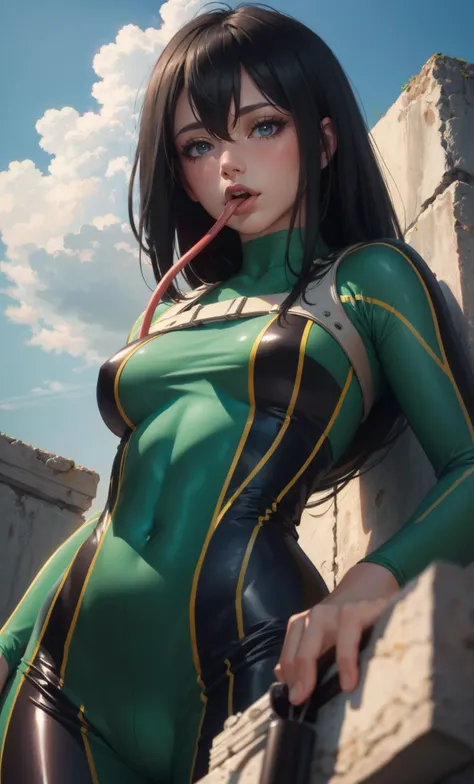 (masterpiece, best quality), <lora:asui_tsuyu-10:0.8> ,asui_tsuyu, black eyes, hair rings, low-tied long hair, tongue, tongue out, bodysuit, green bodysuit, long tongue, outdoor, blue sky, cloud day, day,, (((FROM BELOW))), photorealistic, octane render, b...