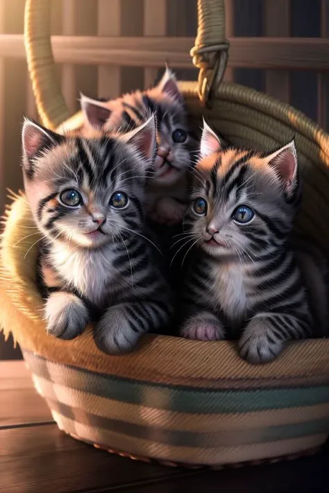 three kittens in a basket on a table with a window