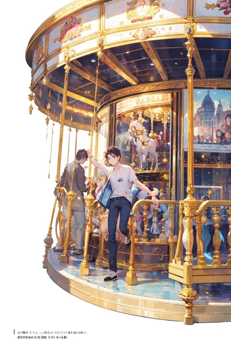 there is a man standing on a carousel in a park