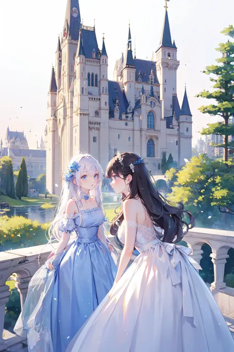 two girls in dresses standing in front of a castle