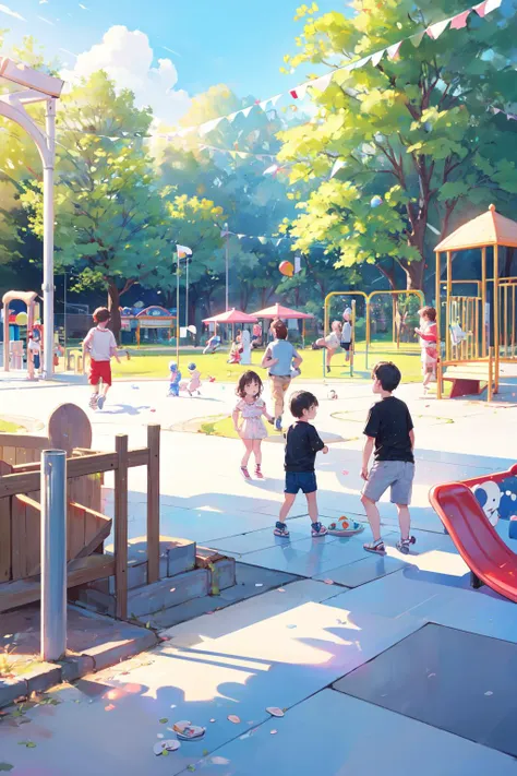 painting of children playing in a park with a playground in the background