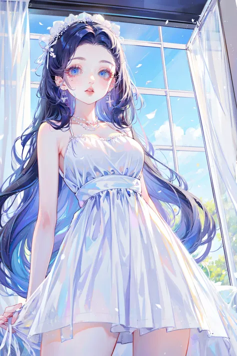 anime girl in a short dress standing in front of a window