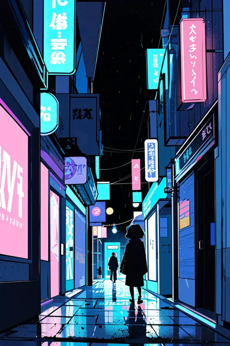 there are people walking down a street in a city at night