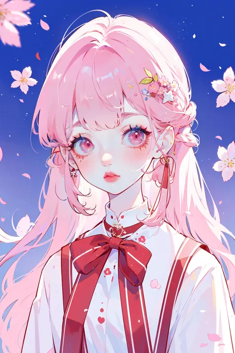 anime girl with pink hair and blue eyes and a bow