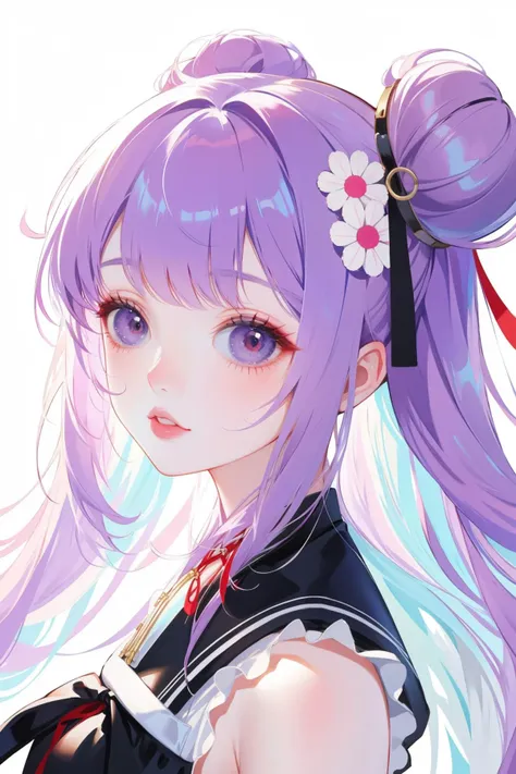 anime girl with long purple hair and a flower in her hair