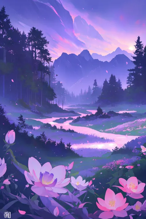 painting of a beautiful mountain landscape with flowers and a river