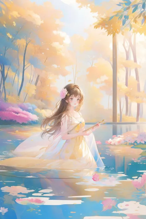 a painting of a girl in a white dress sitting on a dock