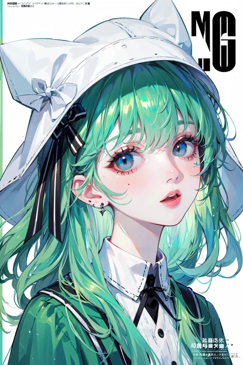 a close up of a person with green hair wearing a hat