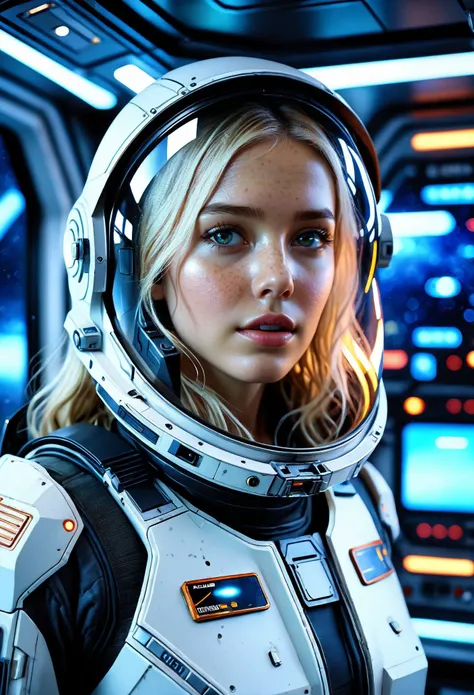 a close up of a woman in a space suit in a spaceship