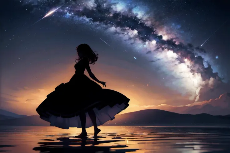 a woman standing in the water with a dress on and a star in the sky