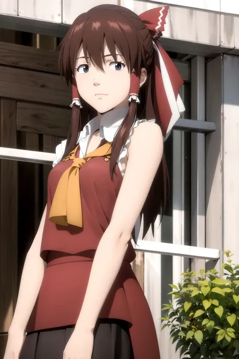 anime girl in a red dress standing in front of a building