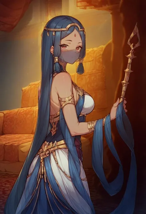 a woman with long blue hair and a sword in her hand