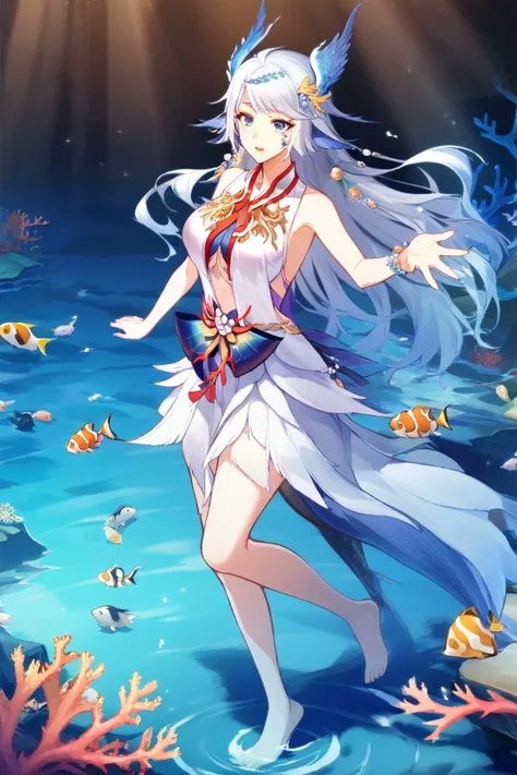 1girl,solo,spqianji,white hair,blue eyes, full body,barefoot, large breasts,outstretched arm, coral hair ornament, fish tail, on water, running on liquid, ,(hiten (hitenkei):0.8),tyakomes,game cg,             <lora:yysXLv2-000007:1>