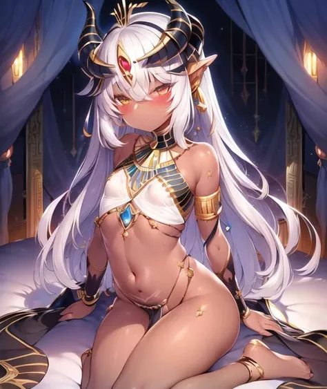 <lora:mdaStarouStyleNSFW9mb_v2:0.75>,by (mda starou),(masterpiece,best quality,ultra detailed:1.4) ,(dark skin,illustration:1.2),(1girl,solo:1.1),silver hair,flat chest,blush,horns,egyptian,egyptian clothes,egyptian,exotic,heterochromia,