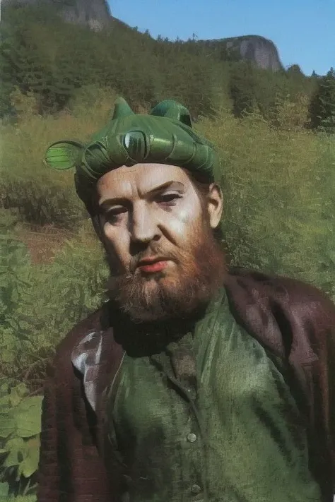 there is a man with a beard and a green hat