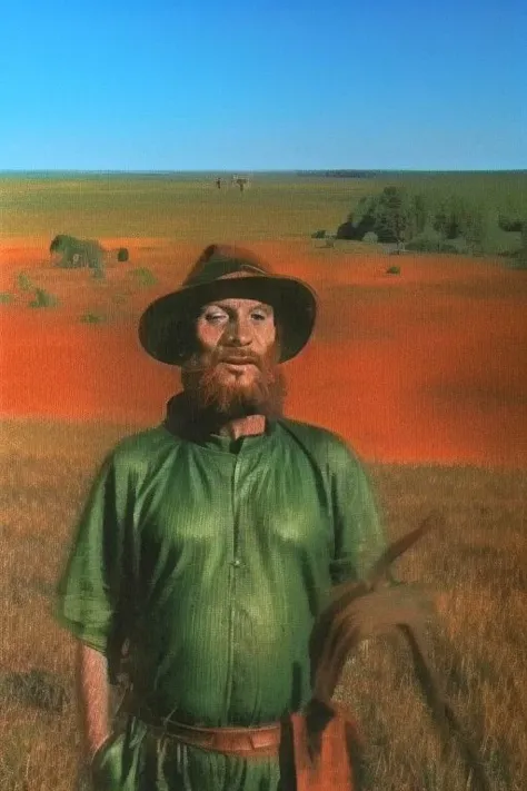 painting of a man in a green shirt and hat standing in a field