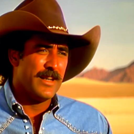 a close up of a man wearing a cowboy hat in a desert