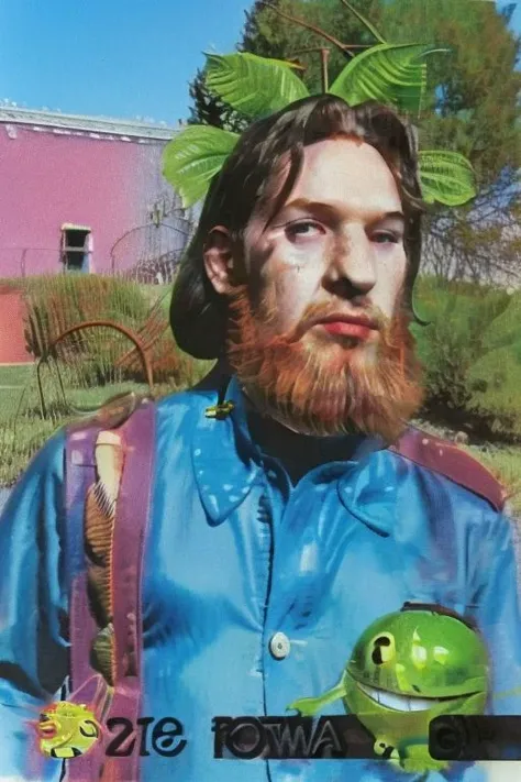 arafed man with a frog on his head and a blue shirt