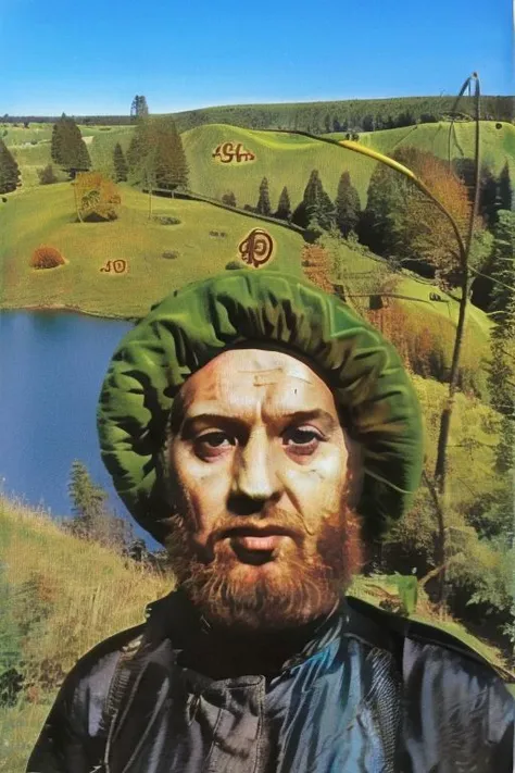 arafed man with a green hat and a beard standing in front of a lake