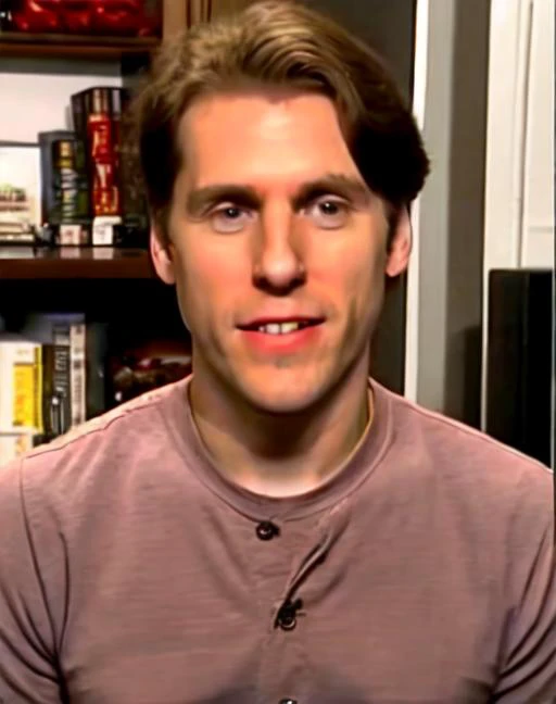 arafed man in a brown shirt sitting in front of a book shelf