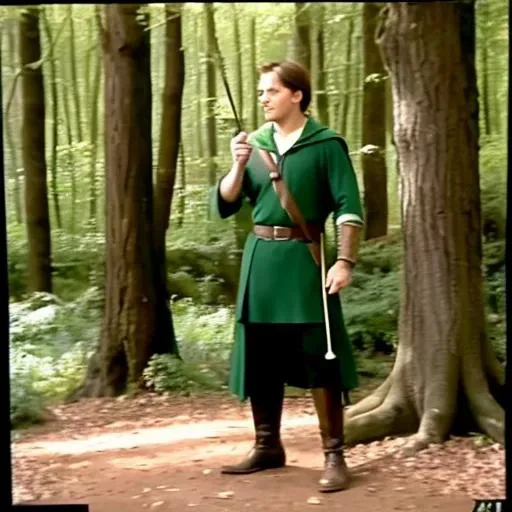 there is a man dressed in green standing in the woods